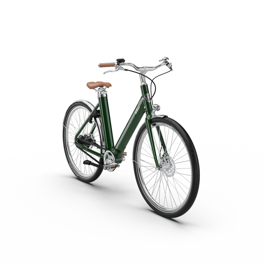 Voltaire Rivoli urban electric bike with long range, high performance, comfortable, green color